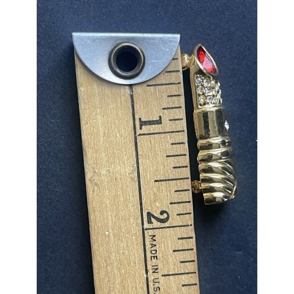 Lipstick Brooch Pin Gold Tone Clear Rhinestone Red Enamel Retro Cocktail Career - Picture 2 of 4